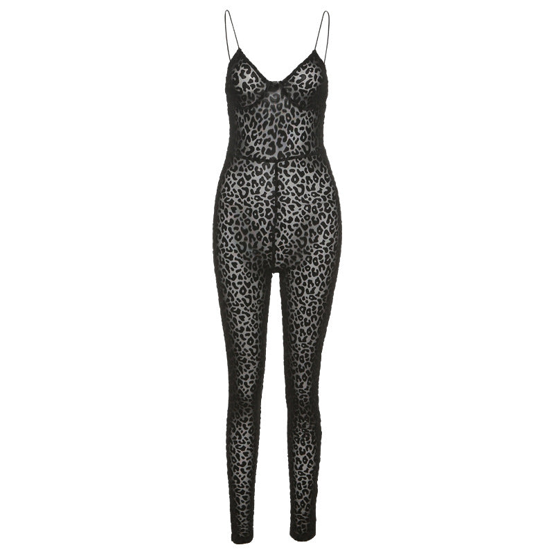 Tuta Jumpsuit Leopardata Trasparente con Spalline Sottili