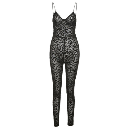 Tuta Jumpsuit Leopardata Trasparente con Spalline Sottili