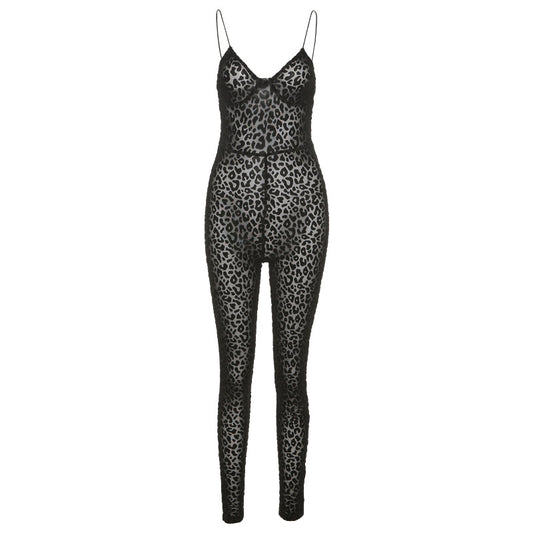 Tuta Jumpsuit Leopardata Trasparente con Spalline Sottili
