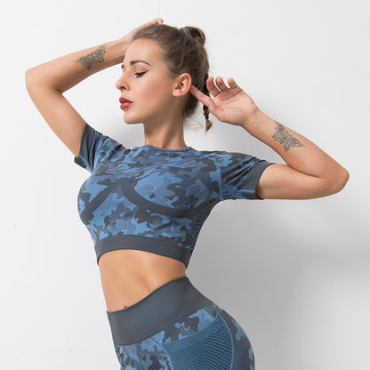 Crop Top Sportivo Camouflage Maniche Corte